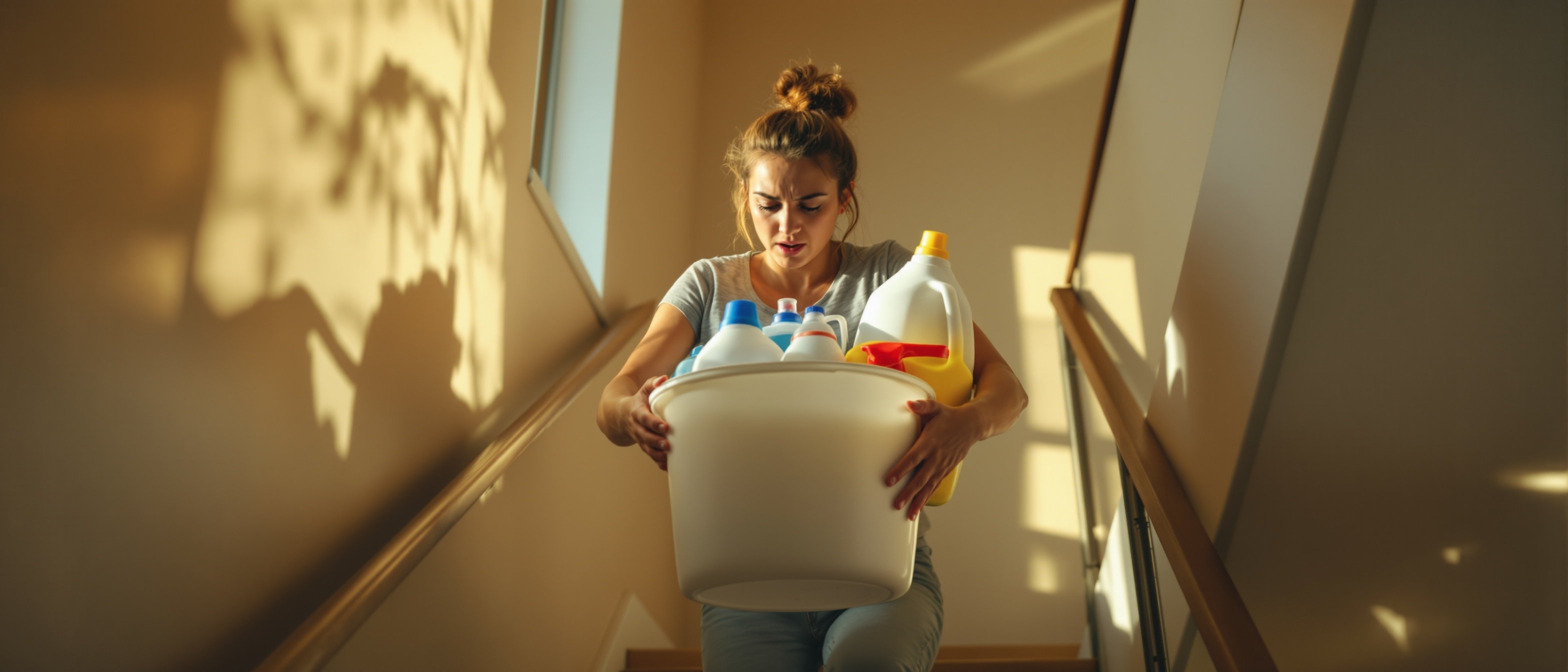 Person carrying heavy detergent up apartment stairs